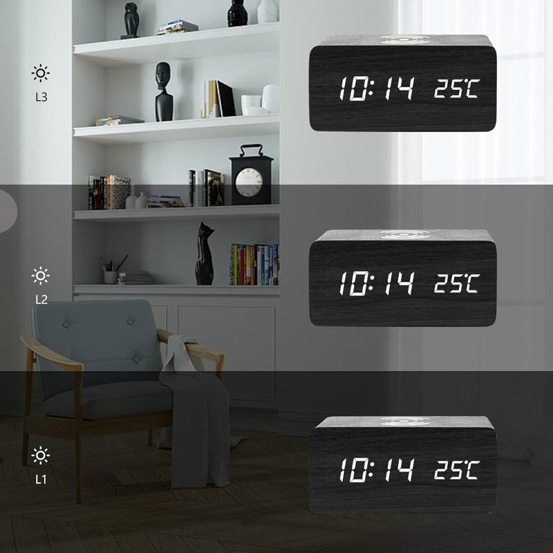 Digital Wood Electric Alarm Tabletop Clock, White Wood White Characters