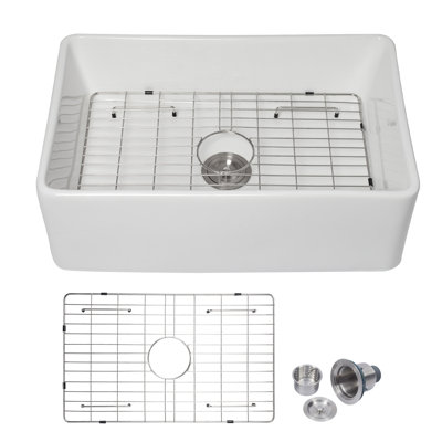30" L x 20" W Farmhouse Apron Ceramic Kitchen Sink Rectangular Undermount Porcelain Single Bowl Kitchen Sink with Bottom Grid and Basket Strainer