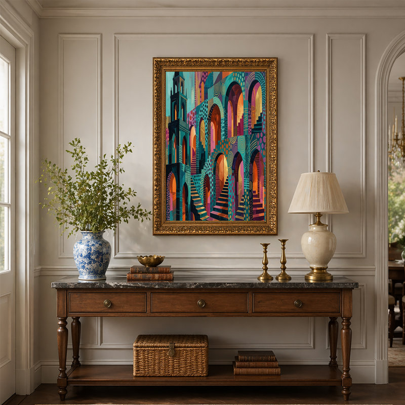 Art mural toile sarcelle et orange, H 20 po x l 30 po