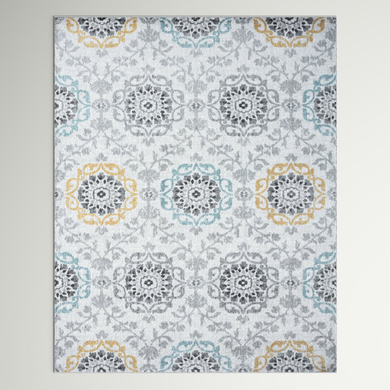 Korth Damask Area Rug, Rectangle 7'11" x 10'3", Cream/Gray/Yellow