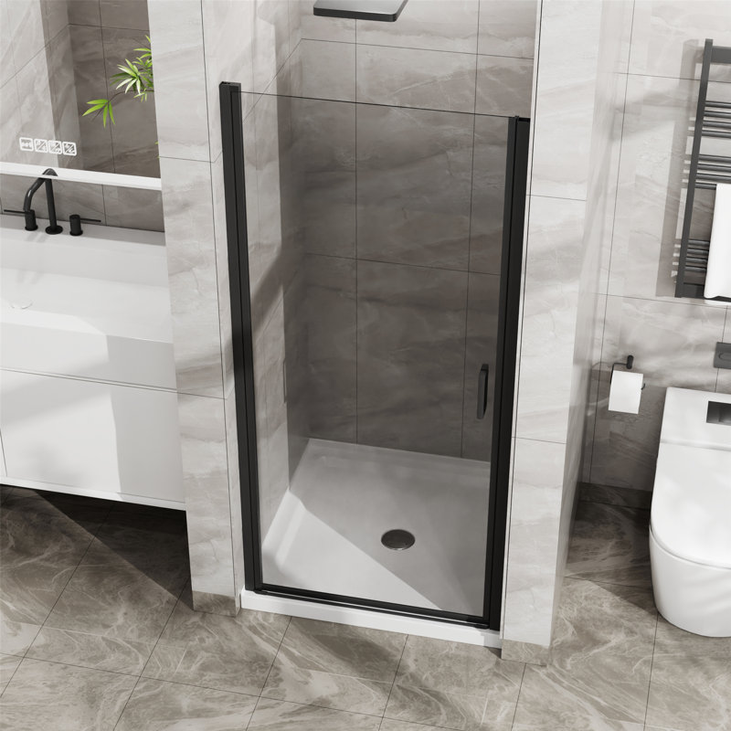 Porte de douche pivotante avec base de douche en acrylique, conception sans cadre, Noir blanc