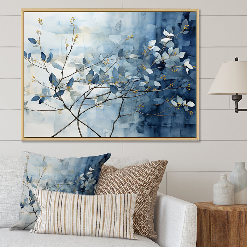 Art mural bleu et gris sur une branche I - Feuilles, H 24 po x l 32 po x P 1 po, Cadre naturel flottant