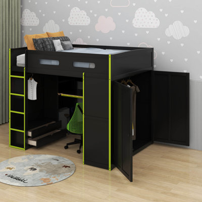 Full Size Wood Loft Bed With Desk,Wardrobe And LED Light