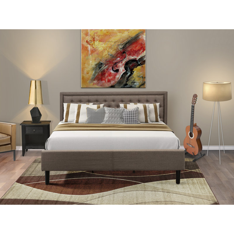 Ensemble de chambre à coucher 6 pièces pour très grand lit 2 pièces - 1 très grand lit, tête de lit capitonnée et capitonnée en tissu de lin brun avec 1 table de chevet - Table de chevet au fini noir brossé