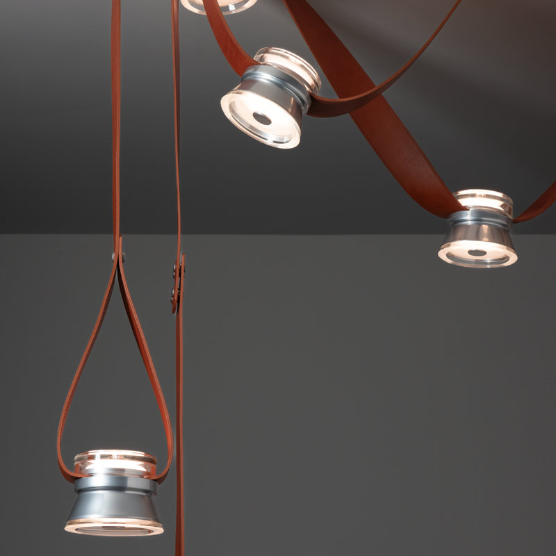 SNAPS Large LED Pendant - Metal Cones, Chestnut Leather, Sterling