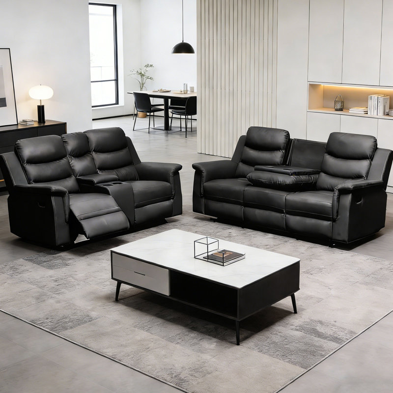 Housse inclinable extensible, fauteuil inclinable noir à 5 places avec console centrale et porte-gobelets, stable pour des housses de repos confortables, conception à deux niveaux orientée confort
