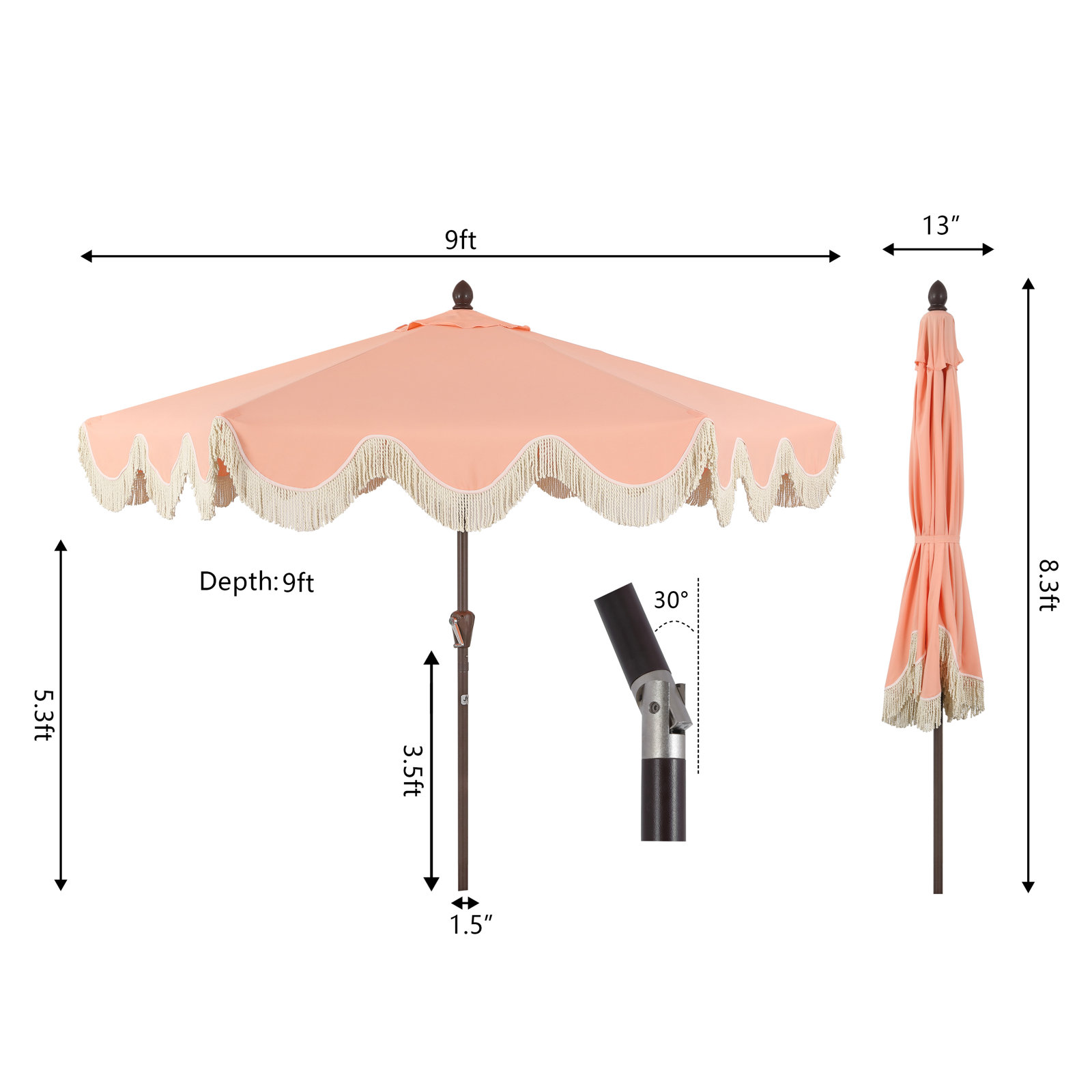 Teretha 9' Market Umbrella, Coral Pink, Dark Brown