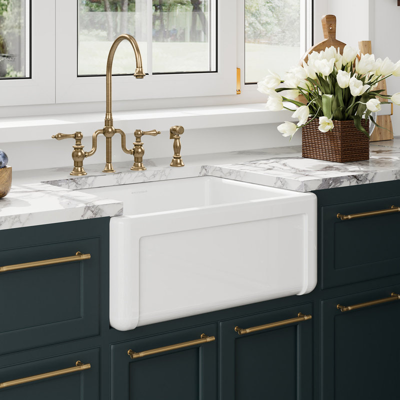 Whitehaus Collection Reversible Fireclay Kitchen Sink with Grid: Three Edge Frame, Plain Front Apron, 10" H x 24" L x 18" W
