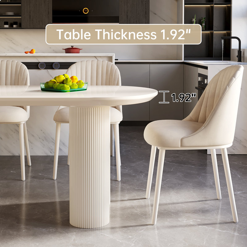 Cream Oval Dining Table Set with 6 Plush Accent Chairs