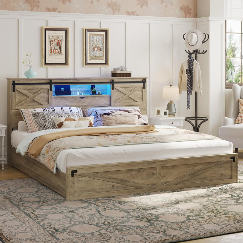 Farmhouse Bed Frame With Led Lights And Charging Station, Wooden Platform Bed With 2 Storage Drawers, Rustic Accent Headboard With Sliding Barn Door Storage Cabinets, White