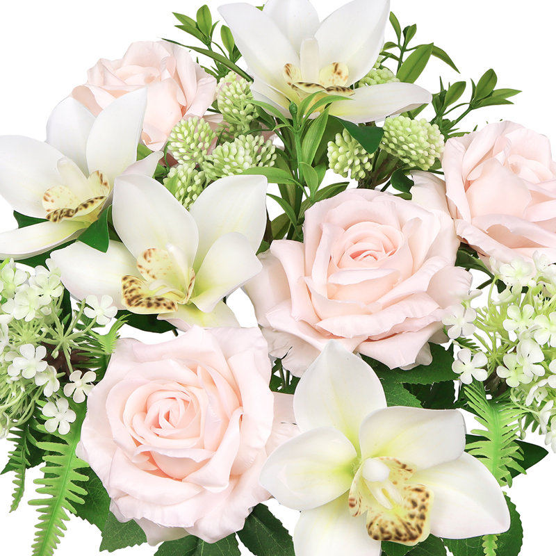 Artificial Mixed Rose Orchid Snowball Arrangement, Cream Blush