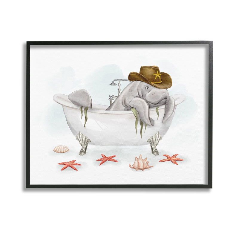 «Cowboy Manatee in Tub», estampe numérique par Ziwei Li, Giclée encadrée noir minuit, H 11 po x l 14 po