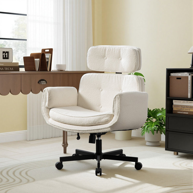 33.86"W Tilting Office Chair with Adjustable Armrest, Ivory, Teddy fleece
