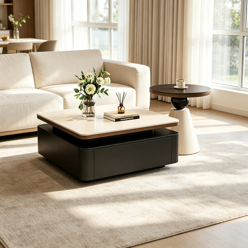 Table basse moderne avec rangement, 13.77" H x 27.55" W x 27.55" D, White/Black/Black/White
