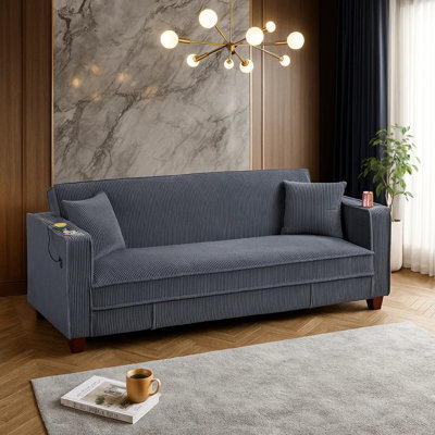 Canapé-lit Lucy avec ports USB, 2 coussins, velours côtelé gris, porte-gobelets