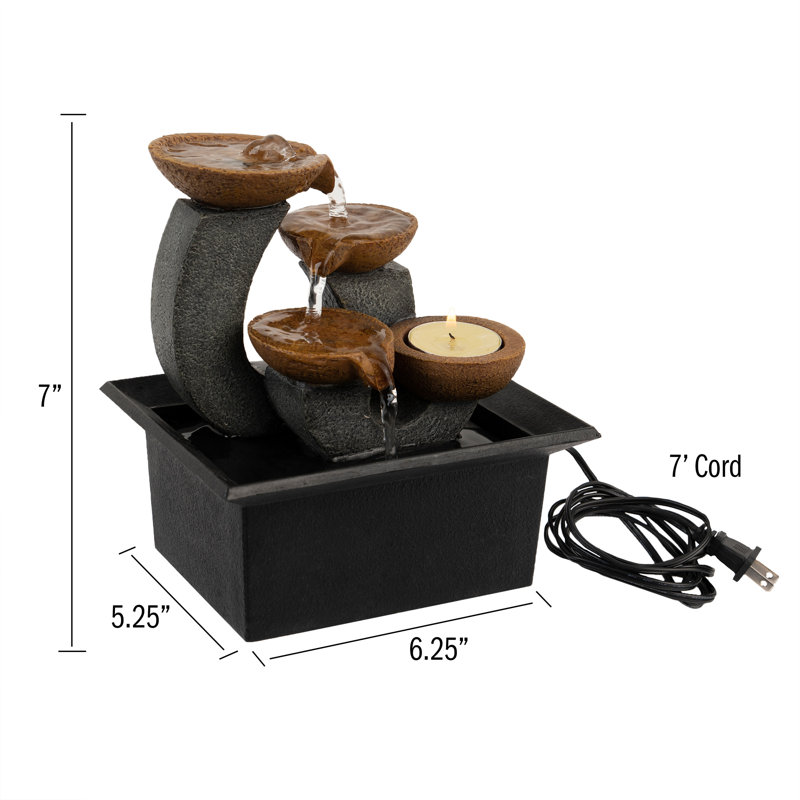 Tabletop Water Fountain - 3-Tier 7-Inch Indoor Waterfall with Candle Holder and Soothing Sounds