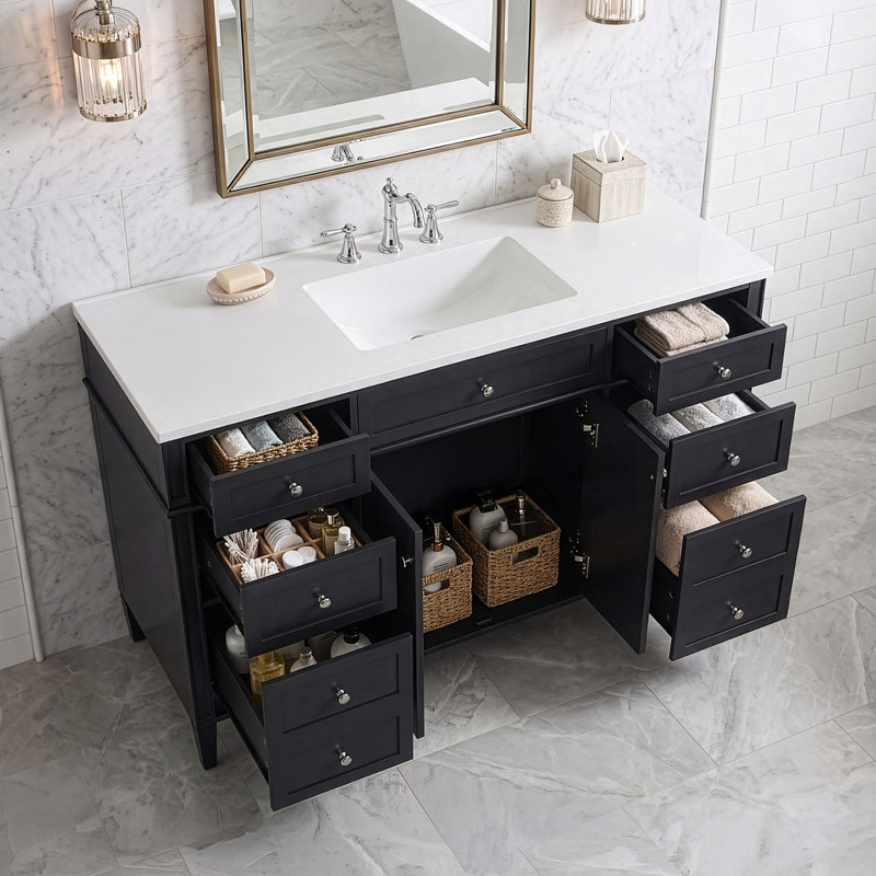 Meuble-lavabo de salle de bain de 122 cm (48 po) avec lavabo, meuble-lavabo autoportant en MDF avec 6 tiroirs et 2 portes, ensemble meuble-lavabo avec lavabo en composite, charnières à fermeture douce et poignées en métal argenté