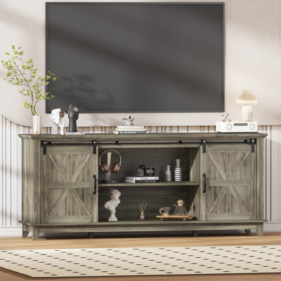 Farmhouse TV Stand for 75" Television, Wood Entertainment Center with Storage & Barn Doors