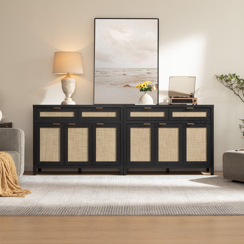 43.39'' W 2-Drawer And 3-Door Rattan Sideboard With Adjustable Shelves, Black Oak