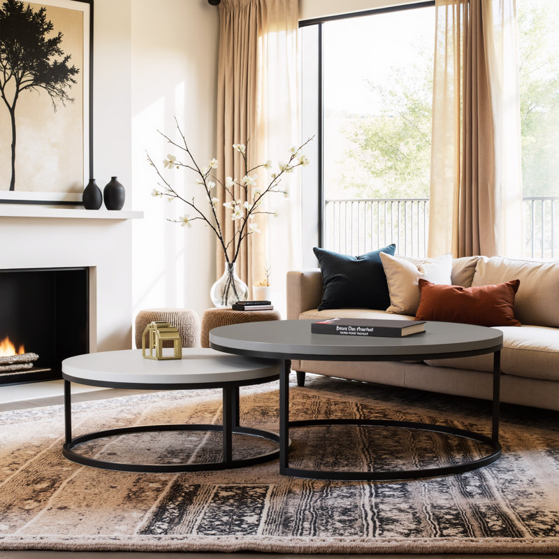 2 Piece Round Medieval Modern Nested Coffee Tables, Stackable Living Room Decorative Tables, Gris