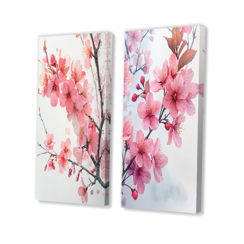 «Pink Cherry Blossoms Summer Embrace I», art mural floral 2 panneaux, H 40 po x l 41 po, Toile tendue