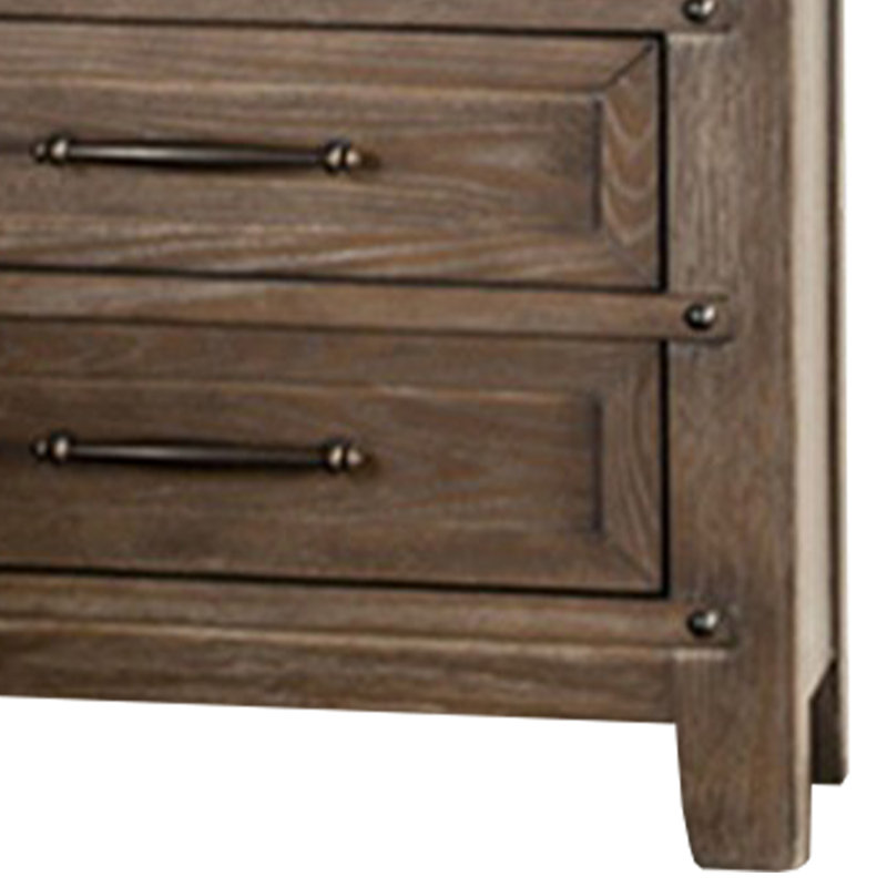 Table de chevet Merry, plateau spacieux, 3 tiroirs, poignées en métal, bois massif brun