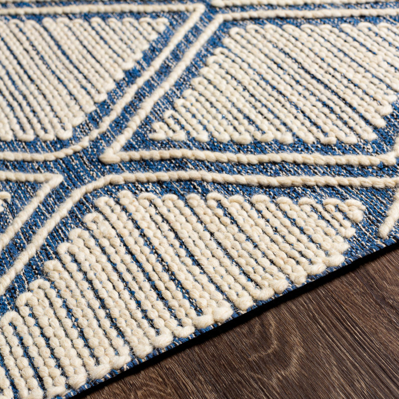 Keida Ikat Handmade Flatweave Cotton/Wool Navy/Beige Area Rug, Rectangle 2' x 3'