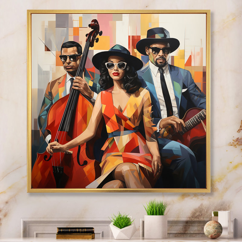 " Mid Century Retro Rhythms Jazz ", Gold Floater Framed, 16" H x 16" W x 1" D