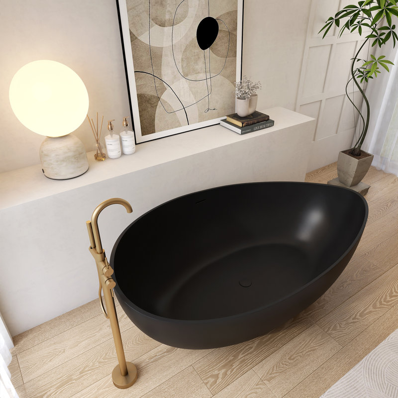 63''Wavy Solid Surface Bathtub, Freestanding Soaking Bathtub, Matte Black