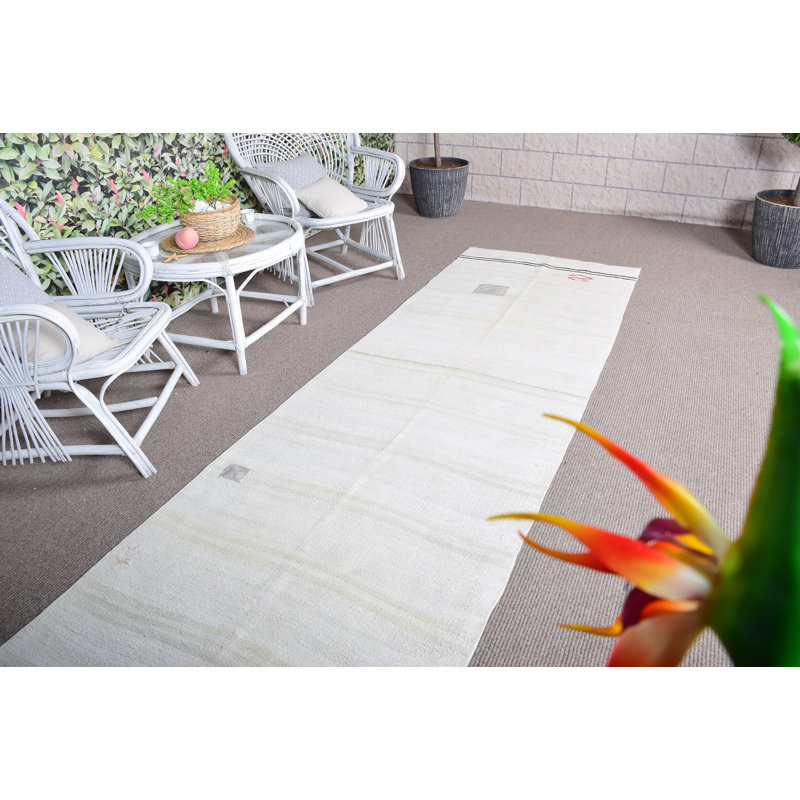 Handwoven Antique Turkish Kilim Runner Rug in White for Hallway Decor in Farmhouse or Oriental Style