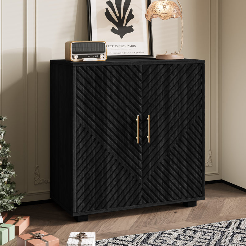 Armoire de rangement à porte cannelée moderne avec tablettes réglables et poignées dorées, Noir/gris