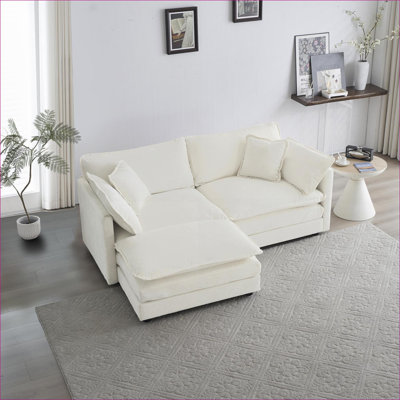 Canapés modulaires en forme de L à 2 places modernes avec repose-pieds pour petits espaces, structure en bois massif | Chenille | Blanc neige