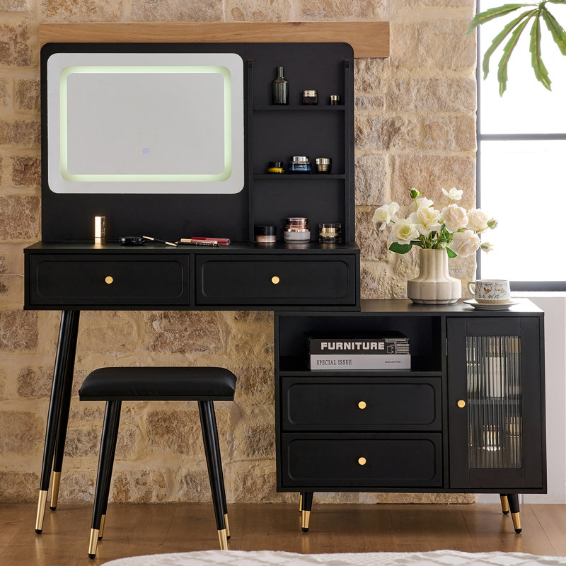 Modern Makeup Vanity Desk with Mirror and Lights, Retractable Dressing Table with Drawers and Cabinet, Compact Makeup Table Set with Power Outlet for Bedroom, Black