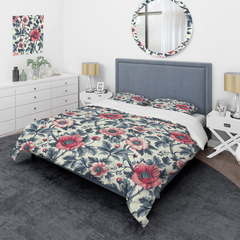 Pink Green Flower Gardens Serenity I - Modern Duvet Cover Set, King Duvet Cover + 2 King Shams