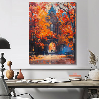 Red Yellow Autumn Campus College Chapel - College & University Buildings Wall Art Print