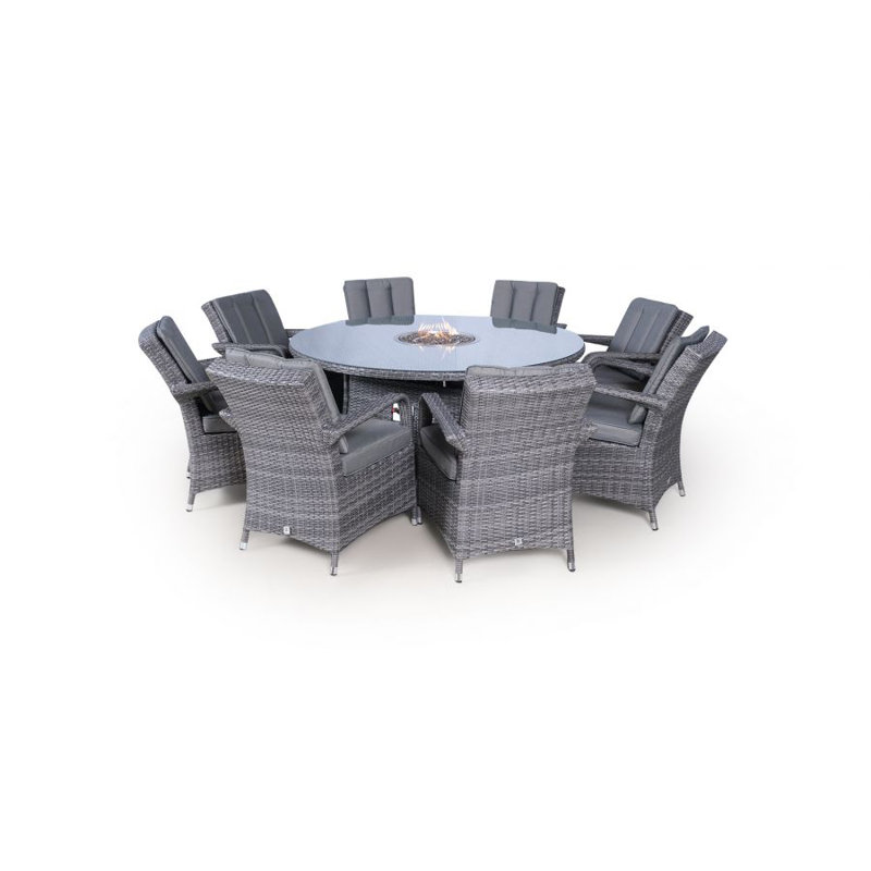 Otero 8 - Person Wicker Patio Dining Set with Round Table , Cushions Included, Grey, Grey/Light Blue