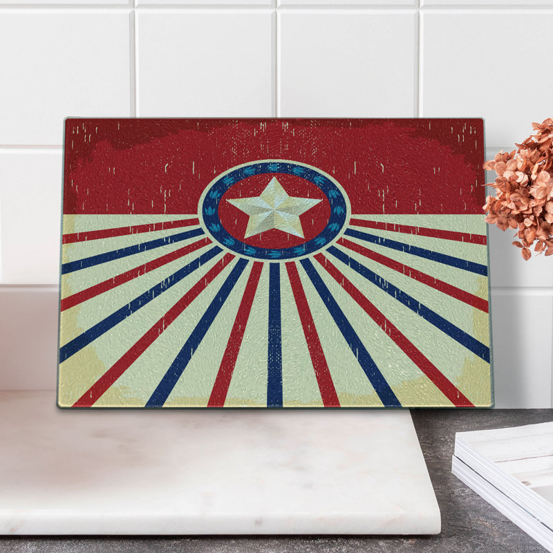 Ambesonne Texas Star Tempered Glass Cutting Board Vintage Stripes Vermilion Navy Blue