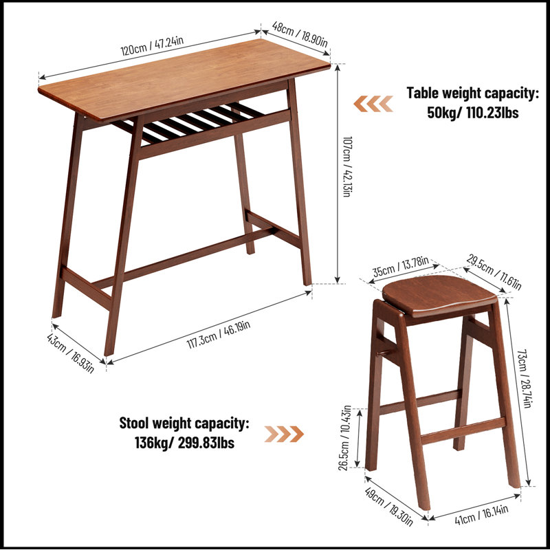 3 PCS Pub Dining Set Retro Bar Table Rubber Wood Stackable Backless High Stool for 2 with Shelf