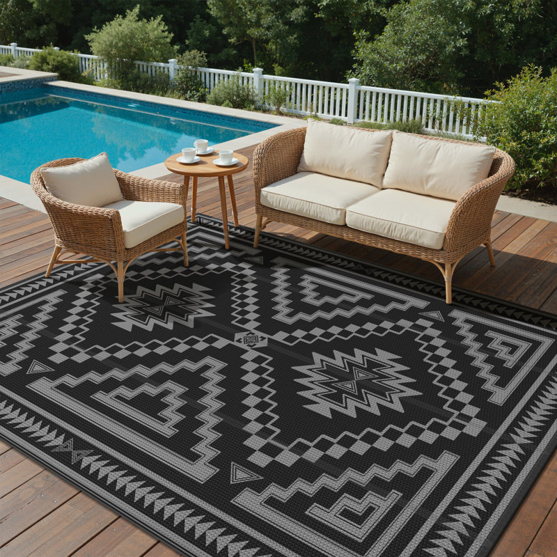 Shimeek Reversible Outdoor Mat, Waterproof Plastic Outdoor Mat, Black&Grey,Rectangle 6' x 9', Rectangle 6' x 9', Black/Gray