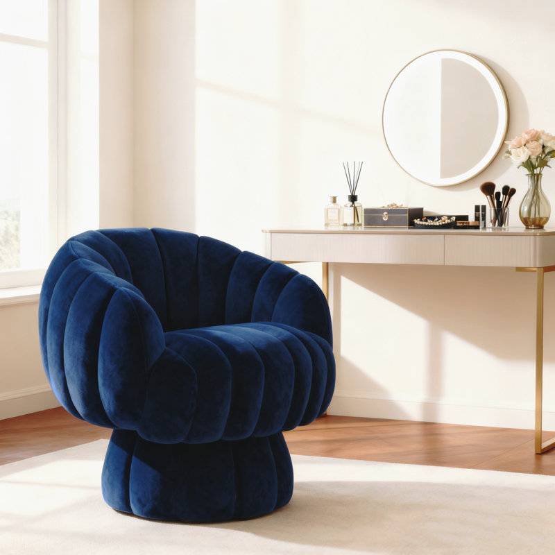 Upholstered Swivel Accent Chair Barrel Chair with Pillow, Navy Blue Velvet