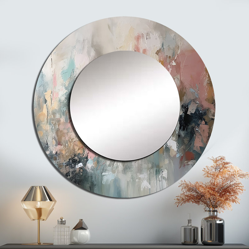 Oguzhan Brushstroke, peinture abstraite I - miroir mural décoratif abstrait, miroir rond crème, impression sur métal