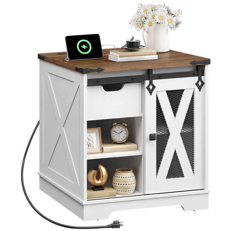 Table de bout carrée 23,2 po avec station de charge et porte de grange coulissante 