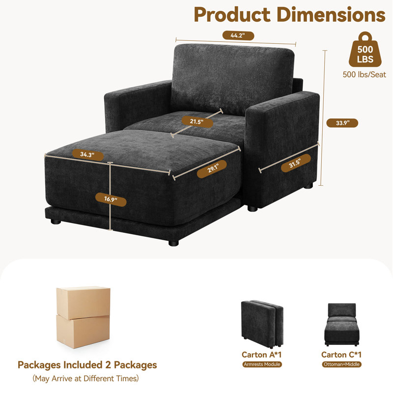 2 - Piece Upholstered Sectional, Black