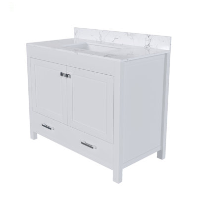 Ensemble de meuble-lavabo moderne 43 po avec plateau en marbre artificiel Carrara, armoire de salle de bain multifonctionnelle avec portes et tiroir, cadre solide et panneau de fibres à densité moyenne (trois trous pour robinet)