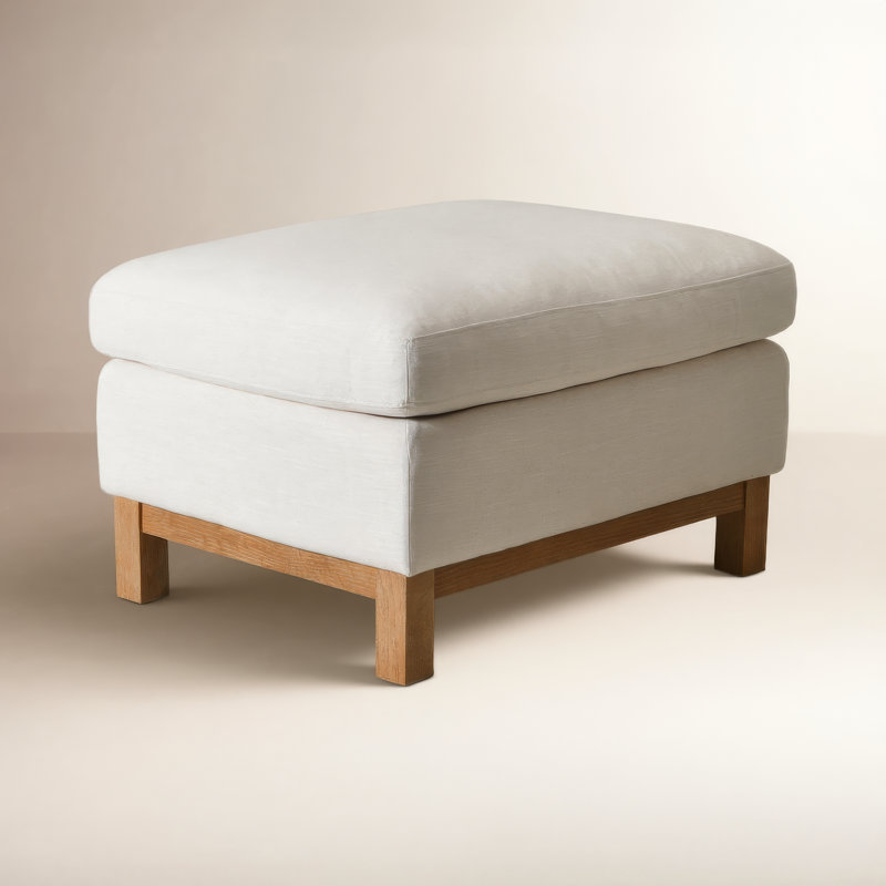Linen Blend Goose Feather Down Upholstered Ottoman With Wood Leg, Cloud