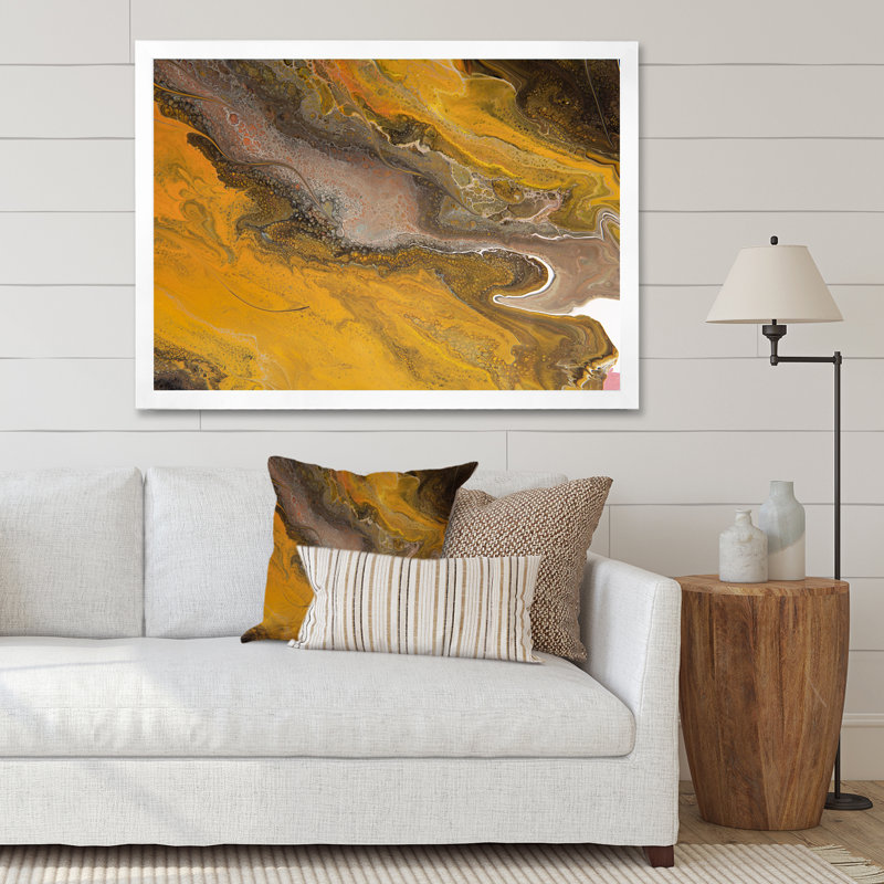 Rivière grise dans un paysage de marbre jaune - peinture sur toile, H 16 po x l 32 po, Cadre de coin blanc fermé
