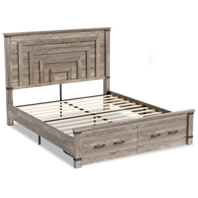 Farmhouse Wood Platform Full Bed Frame with 54" Tall Geometric Headboard & Footboard, Gray