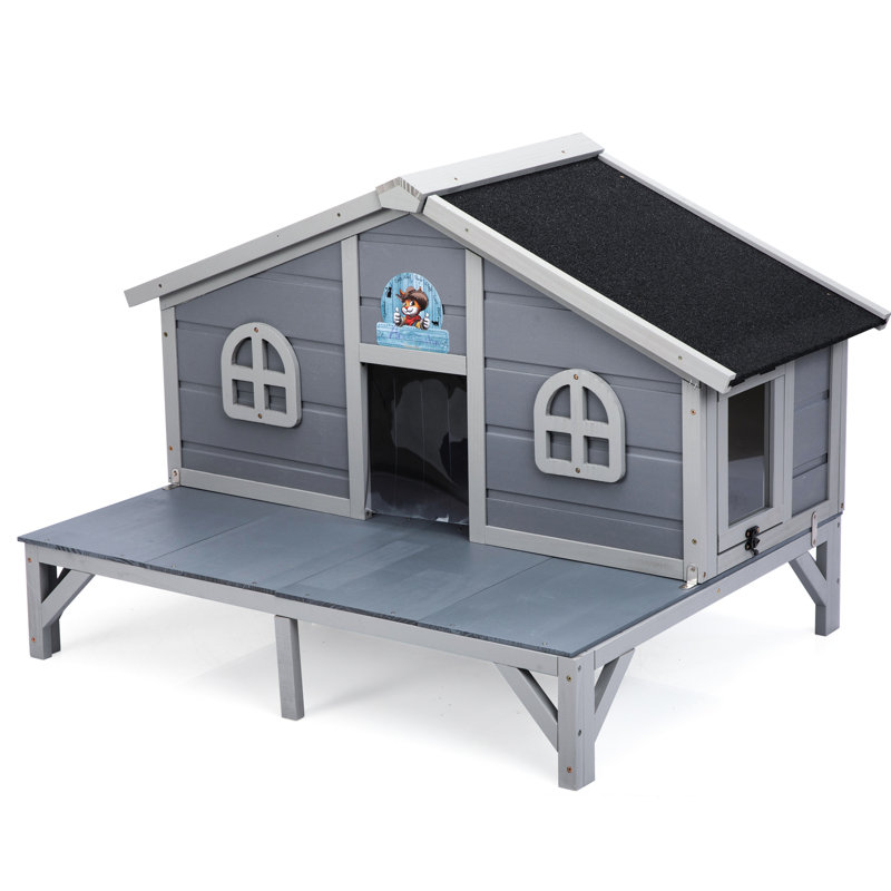 Maison pour chat toutes saisons en bois gris avec enclos de jeu et conception spacieuse, structure en pin massif, portes verrouillables à franges intérieures et extérieures verrouillables, salon pour chats