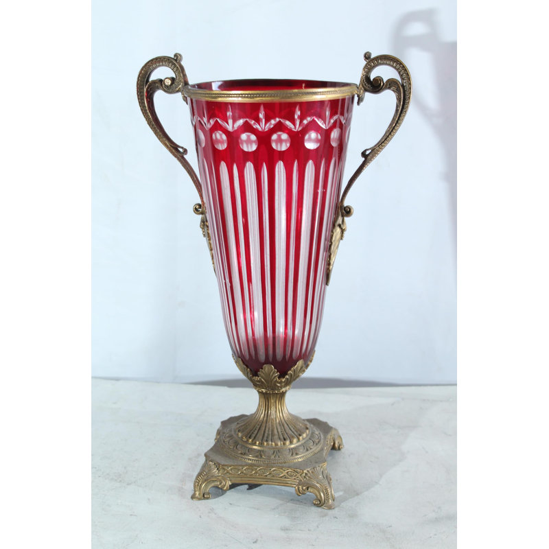 Vase en verre avec poignées en métal et base rouge style vertical 13 po x 8 po x H 21 po