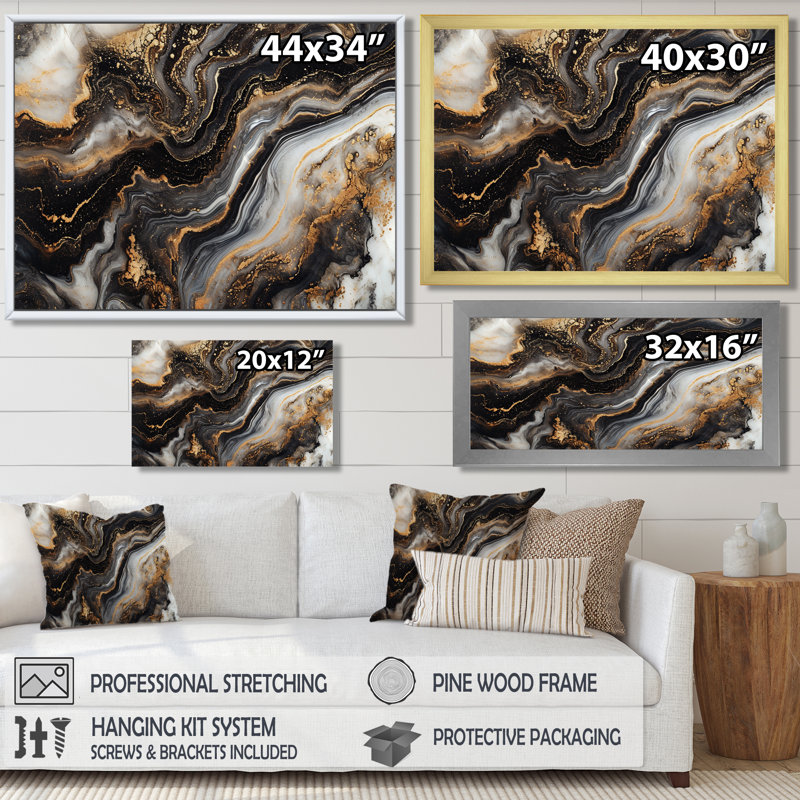 Glam Gold Flows, agate noire - salon d'art mural en marbre, Toile avec cadre flottant noir, H 34 po x l 44 po x P 1,5 po